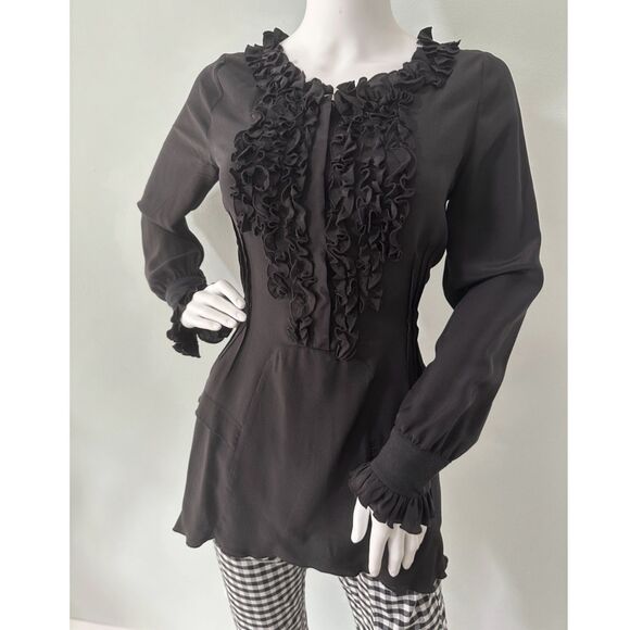 Black Ruffle Front Long Sleeve Silk Blouse Romantic Goth Tunic Top size Medium - Picture 1 of 7